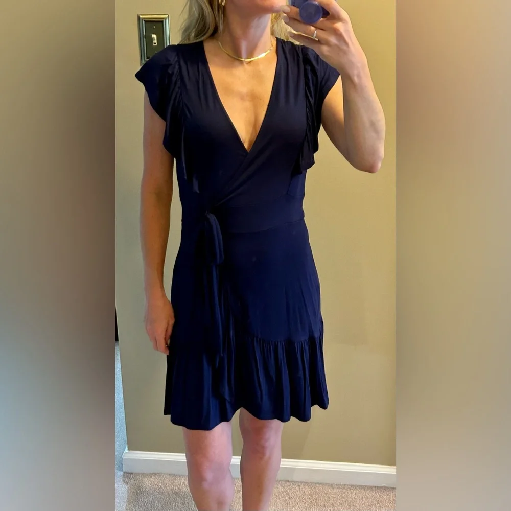 BNWT Navy Blue Faux Tie V-Neck Dress - Picture 2 of 10